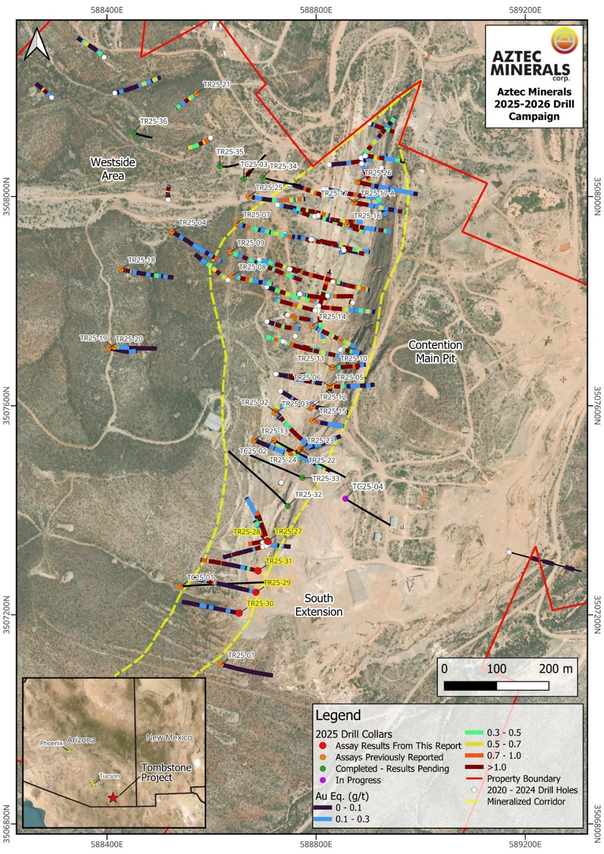 Plan map showing drill hole collars and Au Eq. calculations from the 2025-2026 drill campaign at the Tombstone Property, southeastern Arizona.