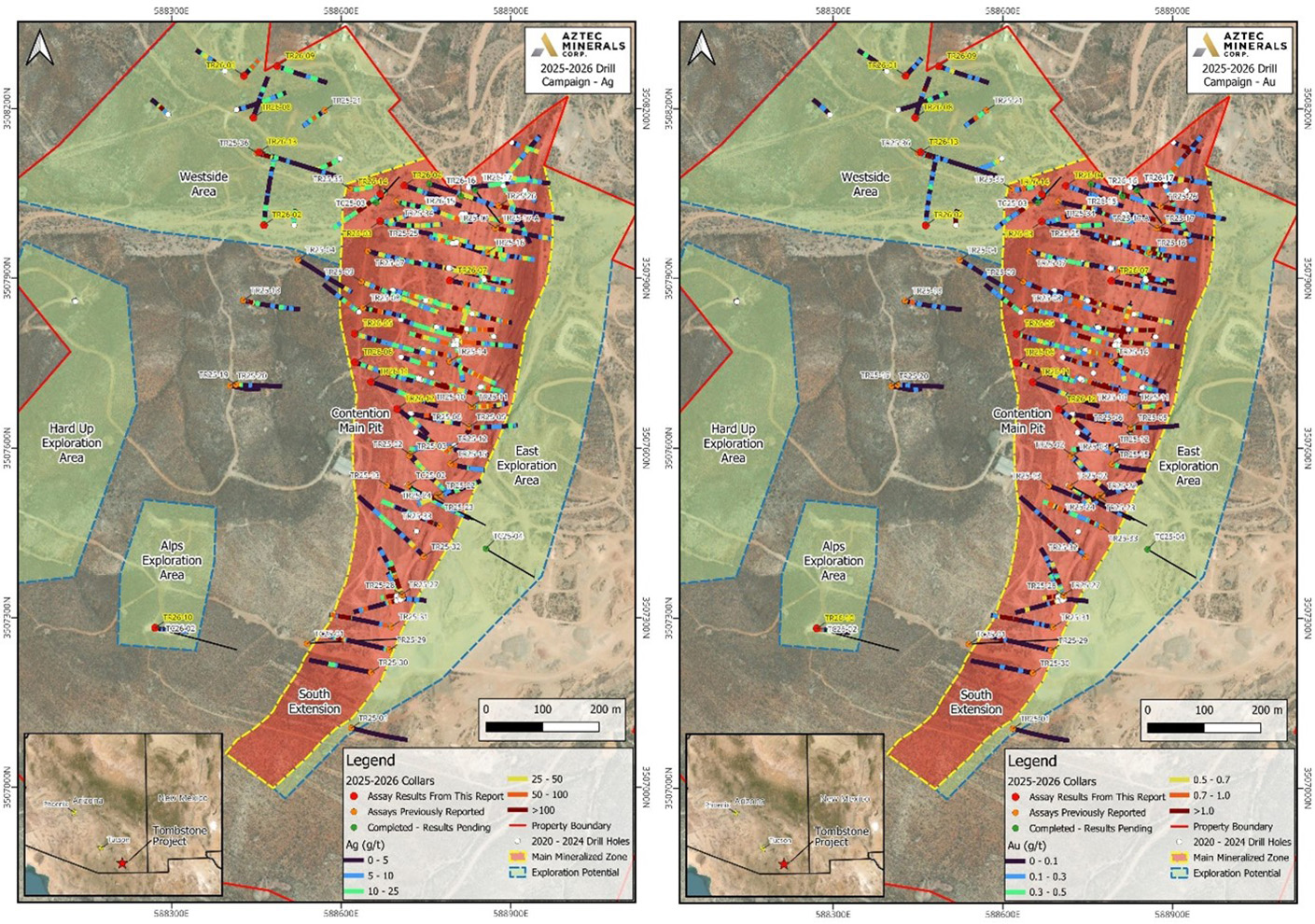 Plan maps showing drill hole collars from the 2025-2026 drill campaign at the Tombstone Property, southeastern Arizona.