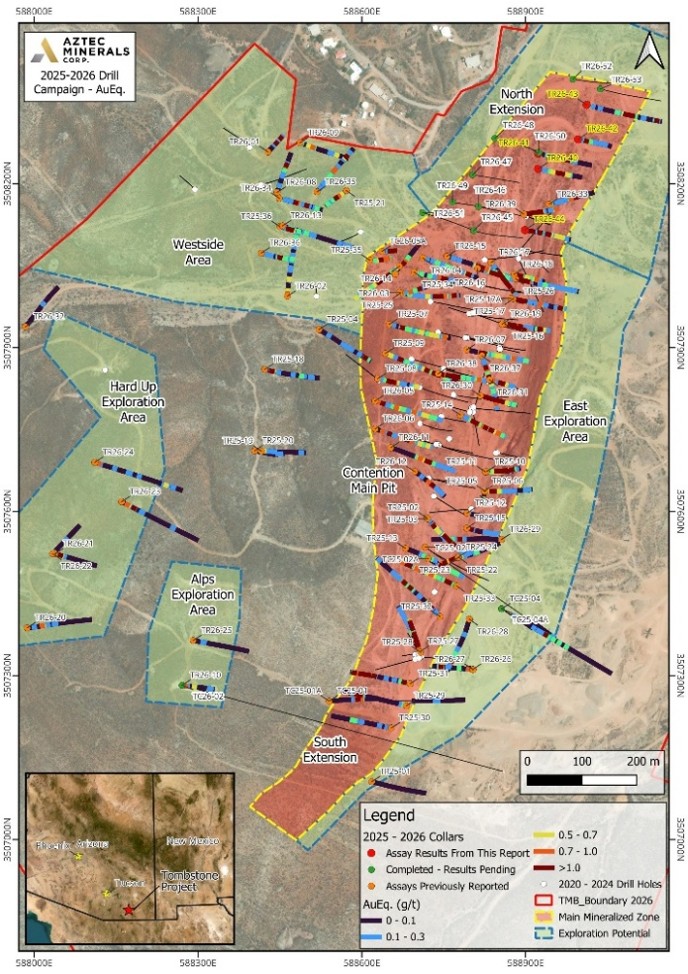 Figure 2. Plan map showing drill hole collars with Au Eq. (g/t) values from the 2025-2026 drill campaign at the Tombstone Property, southeastern Arizona. Holes reported in this release (TR26-40 to TR26-44) are shown in red; completed holes with assay results pending are shown in green. Previously reported holes are shown in orange and 2020-2024 drill holes in white.